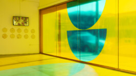 A photo of colorful exhibition graphics for an exhibition on the Bauhaus at ArtCenter College of Design. 