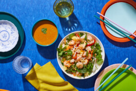 An overhead shot of a colorful palette of Thai food. 