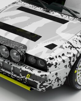 A closeup image of a Lancia Delta Integrale in a custom black and white typographic livery. 