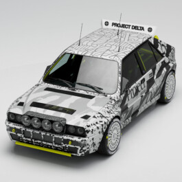 A photograph of a Lancia Delta Integrale in a custom black and white typographic livery. 