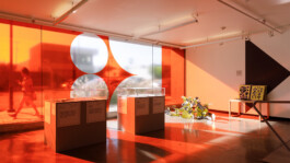 A photo of colorful exhibition graphics for an exhibition on the Bauhaus at ArtCenter College of Design. 