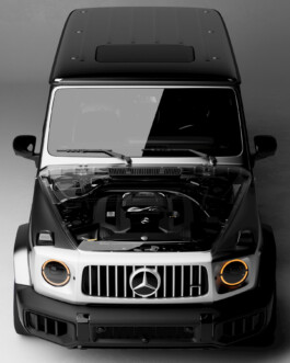 A render of a lowered, race-spec Mercedes AMG G Wagon. 
