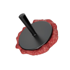A rotating animation of the Matty Matheson grill press smashing a raw burger patty. 